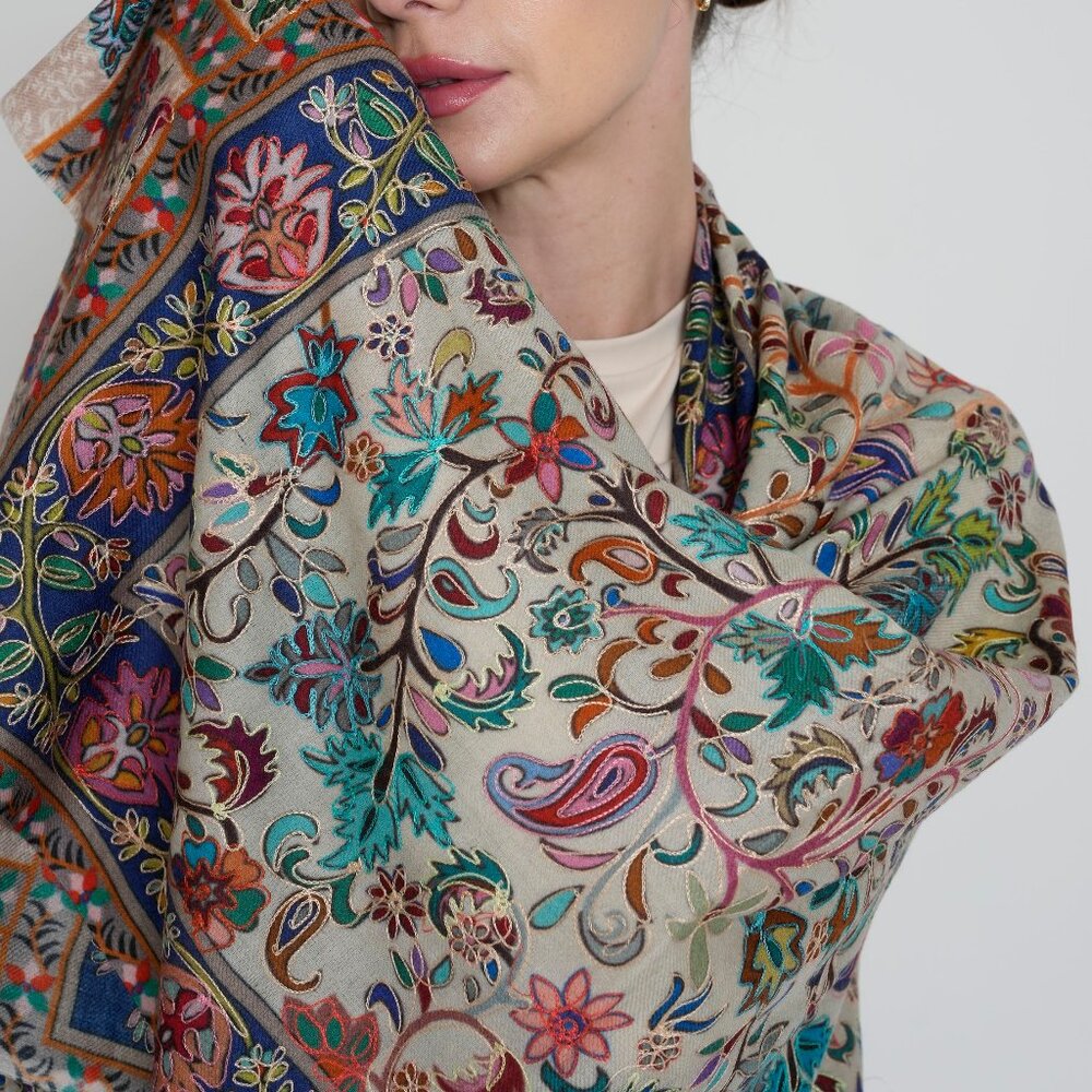 NEW Mughal Mosaic Women Scarf Kalamkar Luxurious Merino Wool Pashmina Blend Wrap